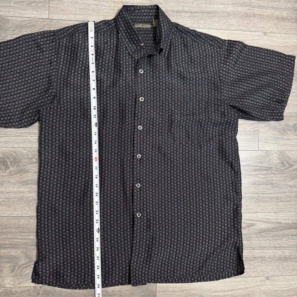 100% Silk SILK ICON Mens Short Sleeve Geometric Square Print Button Down Shirt L - Picture 5 of 10